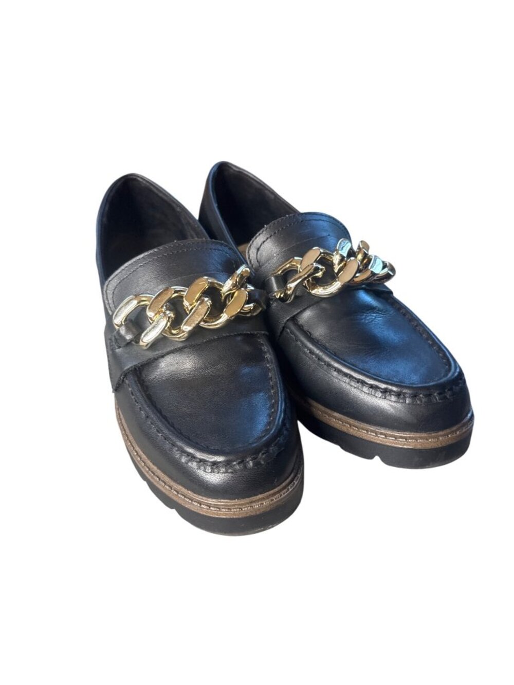 Aqua College Black Leather Loafer Gold Chain Lug Sole Size 7 Waterproof - Picture 2 of 6